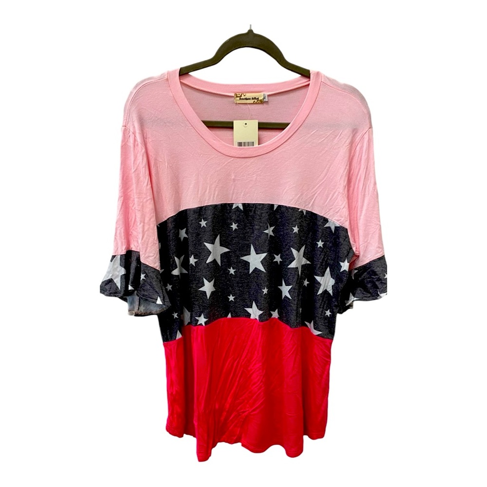 Southern Stitch Top New Pink with Stars Women’s Size Xl A204